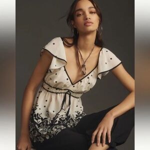 Anthropologie Short Sleeve Tie Back Shirred Blouse